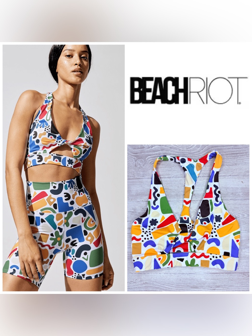 Beach riot twist top  racer back geometric colorful bikini swimsuit top sm